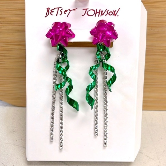 Betsey Johnson Jewelry - Brand New Betsey Johnson Metallic Pink Bow Ribbon Dangly Rhinestone Earrings